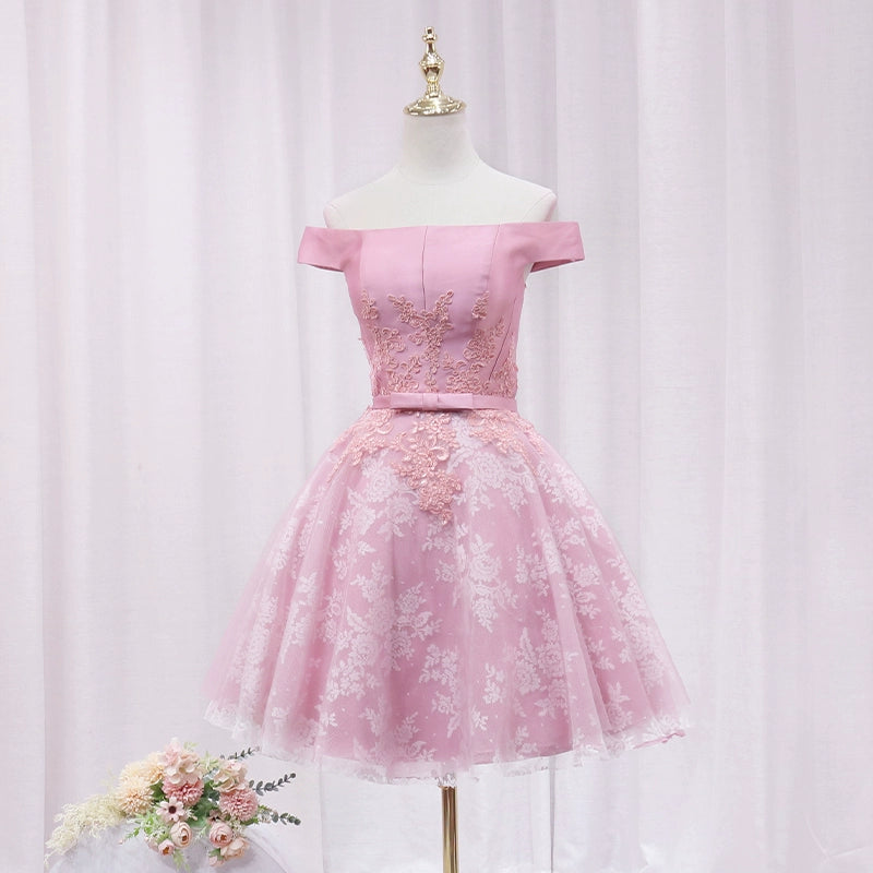 Superb Off-Shoulder A-Line Birthday Dresses Bow Appliques Lace Tulle Homecoming Dress AP4643