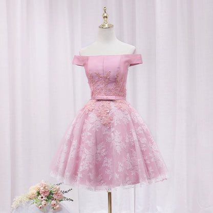 Superb Off-Shoulder A-Line Birthday Dresses Bow Appliques Lace Tulle Homecoming Dress AP4643