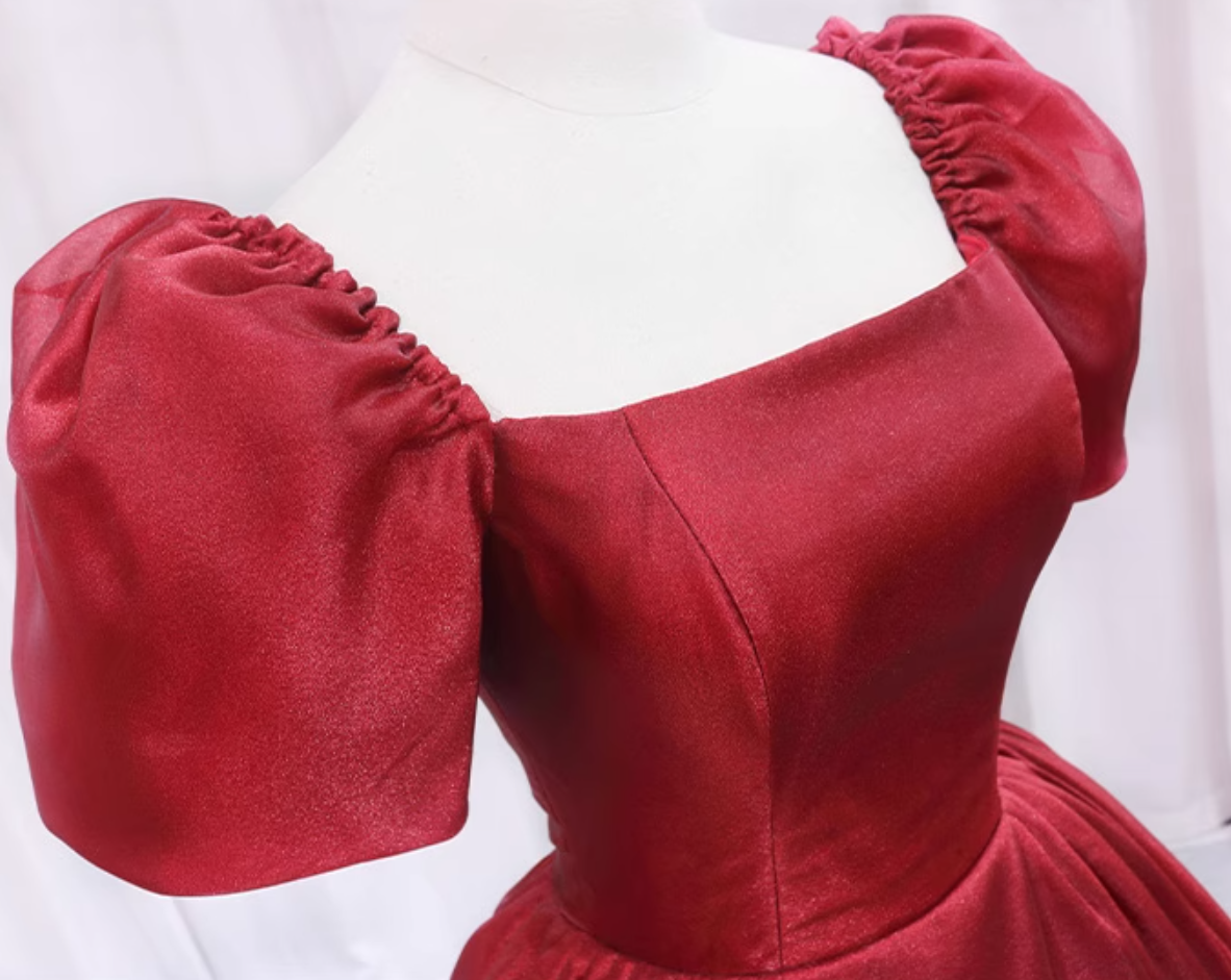 Wonderful A-Line Square Neck Sweet 16th Evening Gowns Short Sleeve Red Organza Prom Dress AP4644