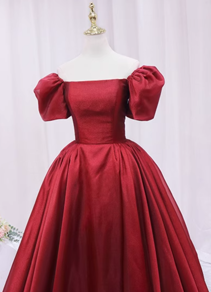 Wonderful A-Line Square Neck Sweet 16th Evening Gowns Short Sleeve Red Organza Prom Dress AP4644
