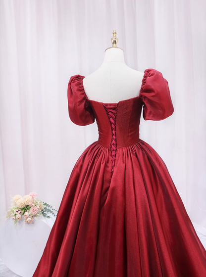 Wonderful A-Line Square Neck Sweet 16th Evening Gowns Short Sleeve Red Organza Prom Dress AP4644