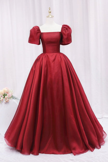 Wonderful A-Line Square Neck Sweet 16th Evening Gowns Short Sleeve Red Organza Prom Dress AP4644