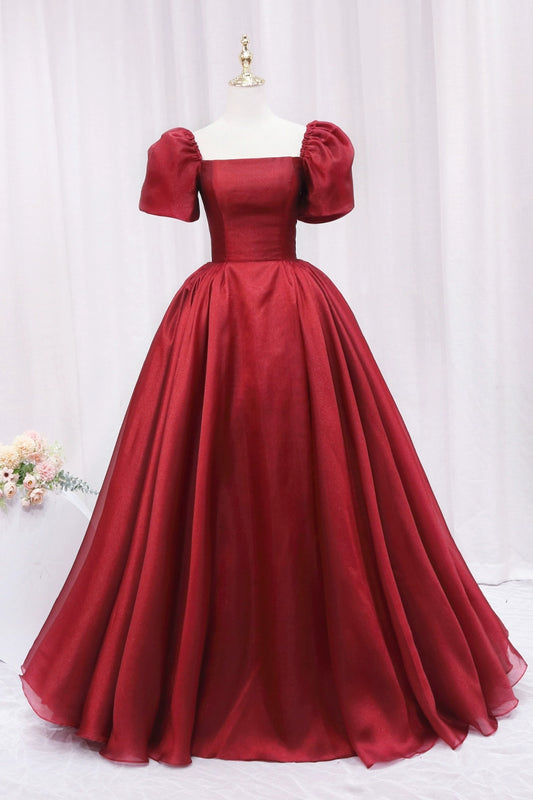 Wonderful A-Line Square Neck Sweet 16th Evening Gowns Short Sleeve Red Organza Prom Dress AP4644