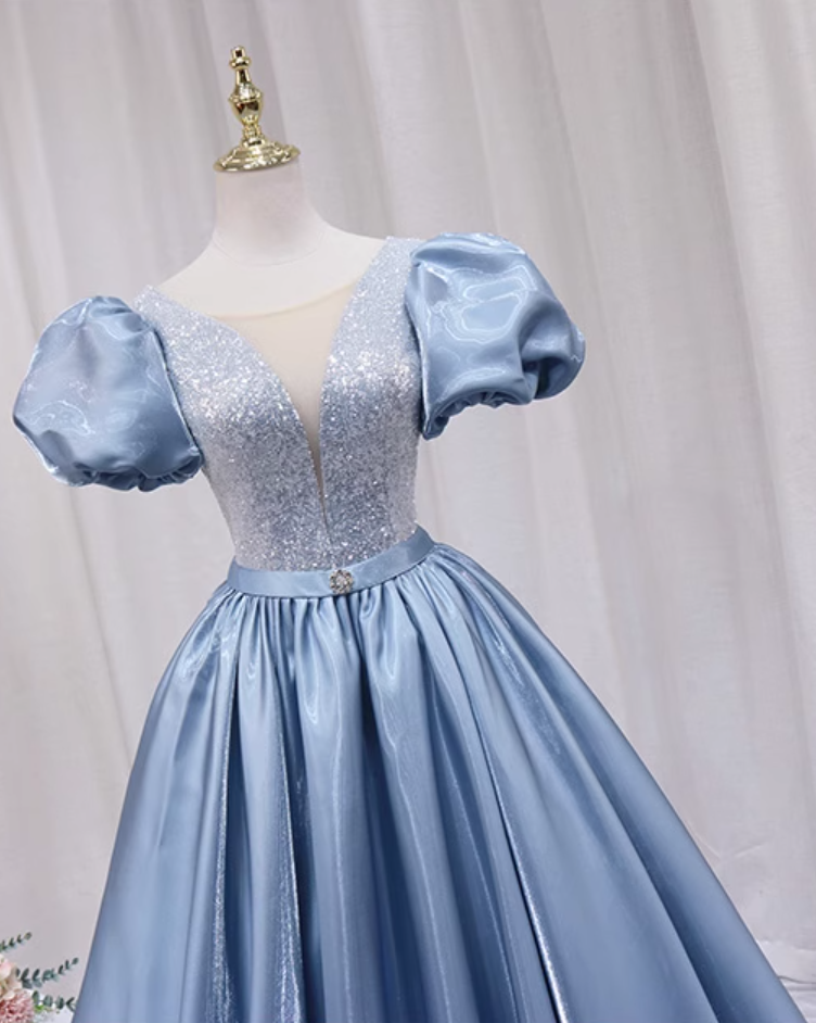 Amazing A-Line V Neck Sweet 16th Evening Gowns Sequins Rhinestones Short Sleeve Blue Satin Prom Dress AP4645