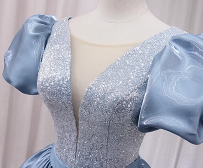 Amazing A-Line V Neck Sweet 16th Evening Gowns Sequins Rhinestones Short Sleeve Blue Satin Prom Dress AP4645