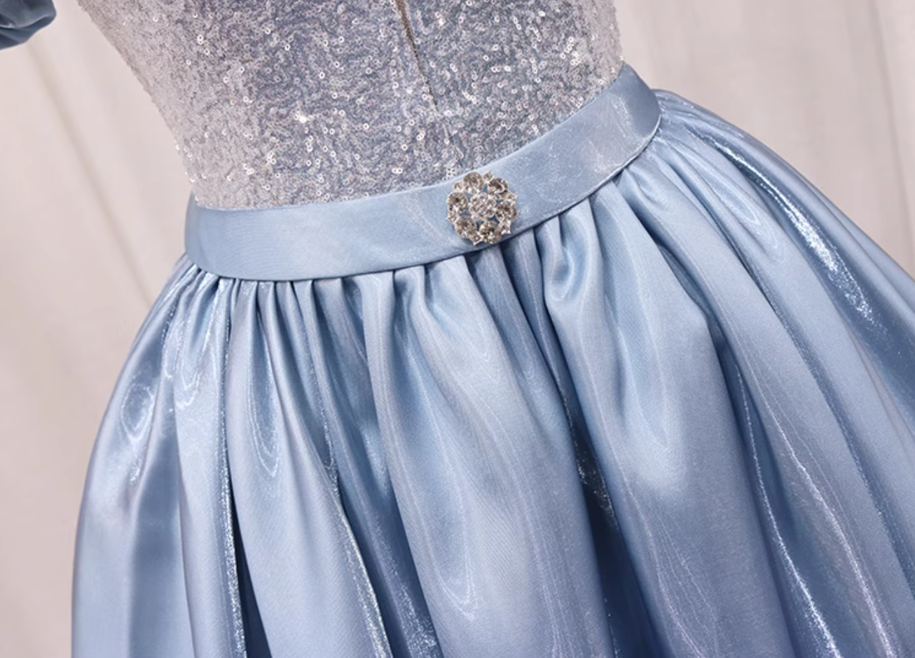 Amazing A-Line V Neck Sweet 16th Evening Gowns Sequins Rhinestones Short Sleeve Blue Satin Prom Dress AP4645