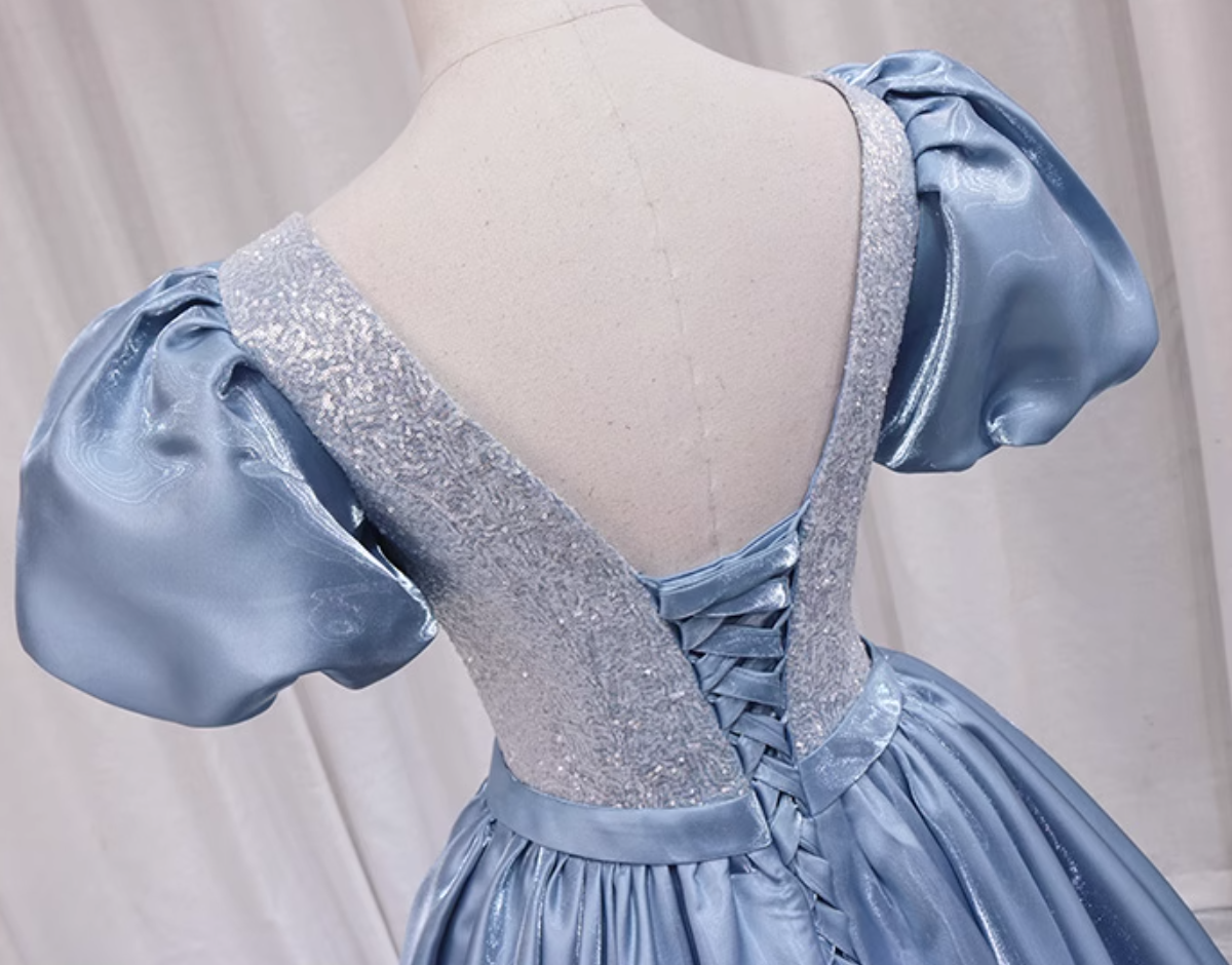 Amazing A-Line V Neck Sweet 16th Evening Gowns Sequins Rhinestones Short Sleeve Blue Satin Prom Dress AP4645