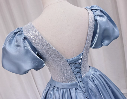 Amazing A-Line V Neck Sweet 16th Evening Gowns Sequins Rhinestones Short Sleeve Blue Satin Prom Dress AP4645