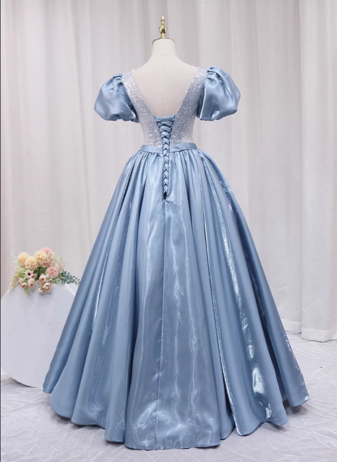 Amazing A-Line V Neck Sweet 16th Evening Gowns Sequins Rhinestones Short Sleeve Blue Satin Prom Dress AP4645