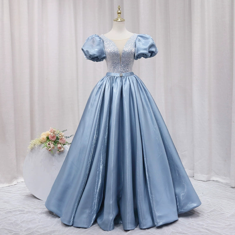 Amazing A-Line V Neck Sweet 16th Evening Gowns Sequins Rhinestones Short Sleeve Blue Satin Prom Dress AP4645
