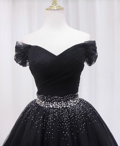 Appealing Off-Shoulder Black A-Line Birthday Dresses Sparkly Rhinestones Pleated Tulle Homecoming Dress AP4646