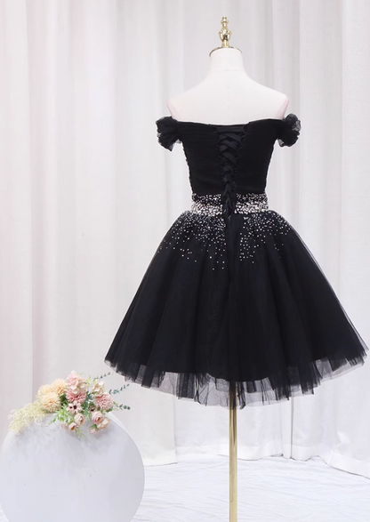 Appealing Off-Shoulder Black A-Line Birthday Dresses Sparkly Rhinestones Pleated Tulle Homecoming Dress AP4646