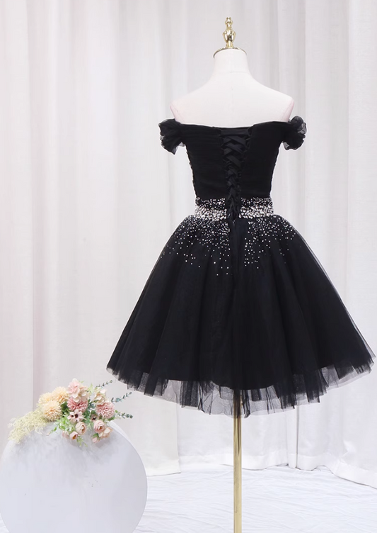 Appealing Off-Shoulder Black A-Line Birthday Dresses Sparkly Rhinestones Pleated Tulle Homecoming Dress AP4646