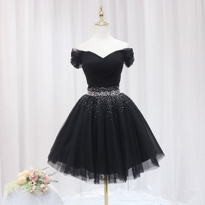 Appealing Off-Shoulder Black A-Line Birthday Dresses Sparkly Rhinestones Pleated Tulle Homecoming Dress AP4646