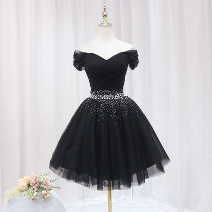 Appealing Off-Shoulder Black A-Line Birthday Dresses Sparkly Rhinestones Pleated Tulle Homecoming Dress AP4646
