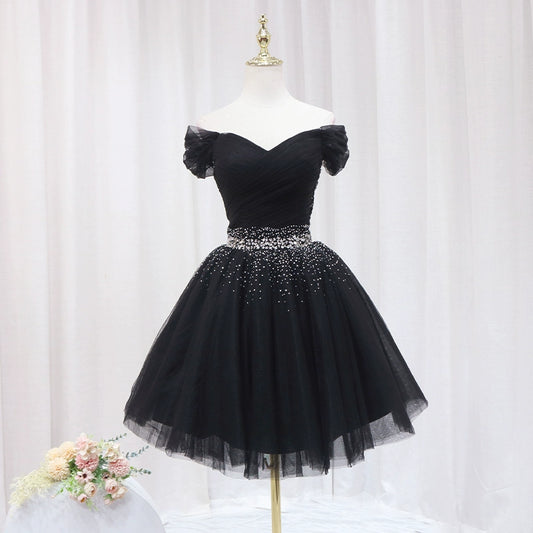 Appealing Off-Shoulder Black A-Line Birthday Dresses Sparkly Rhinestones Pleated Tulle Homecoming Dress AP4646