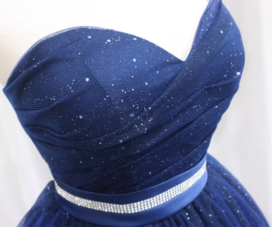 Fascinating A-Line Strapless Birthday Dresses Beading Belt Sequins Blue Tulle Homecoming Dress AP4647