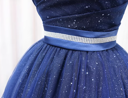 Fascinating A-Line Strapless Birthday Dresses Beading Belt Sequins Blue Tulle Homecoming Dress AP4647