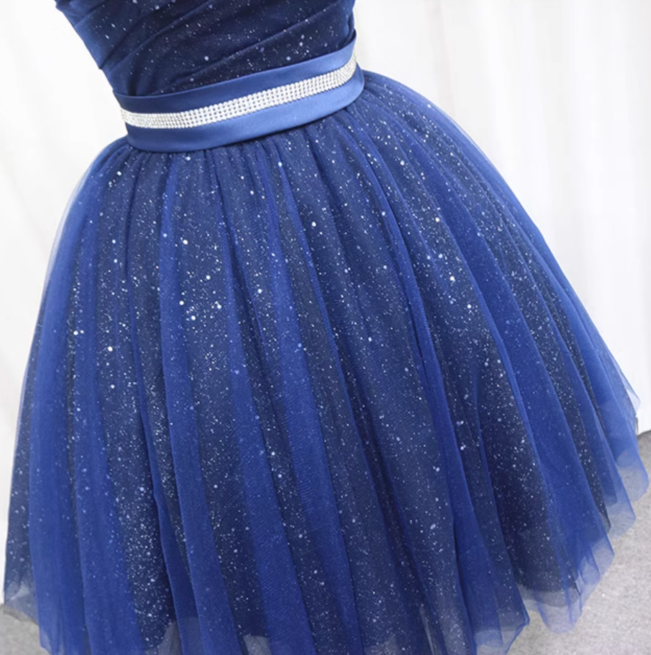 Fascinating A-Line Strapless Birthday Dresses Beading Belt Sequins Blue Tulle Homecoming Dress AP4647
