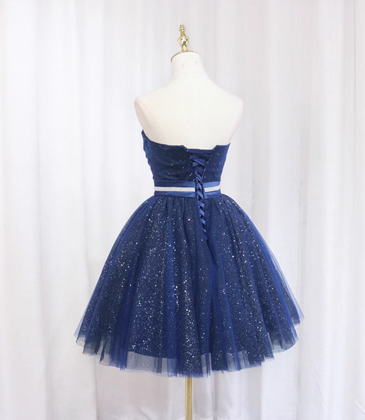 Fascinating A-Line Strapless Birthday Dresses Beading Belt Sequins Blue Tulle Homecoming Dress AP4647