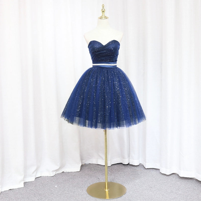Fascinating A-Line Strapless Birthday Dresses Beading Belt Sequins Blue Tulle Homecoming Dress AP4647