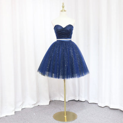Fascinating A-Line Strapless Birthday Dresses Beading Belt Sequins Blue Tulle Homecoming Dress AP4647