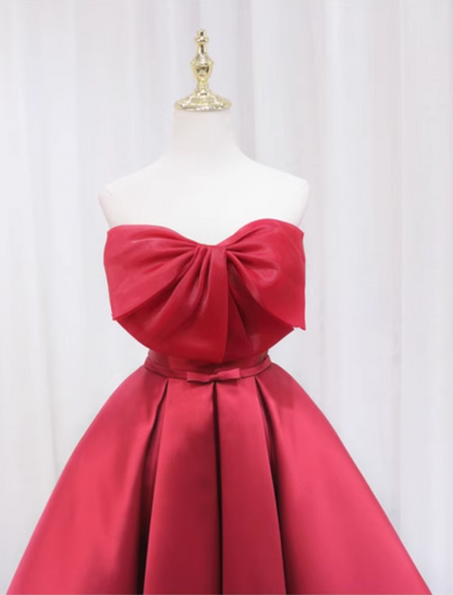 Splendid A-Line Strapless Birthday Dresses Bows Red Satin Pleated Homecoming Dress AP4648