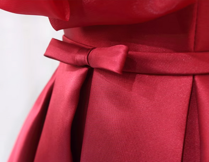 Splendid A-Line Strapless Birthday Dresses Bows Red Satin Pleated Homecoming Dress AP4648