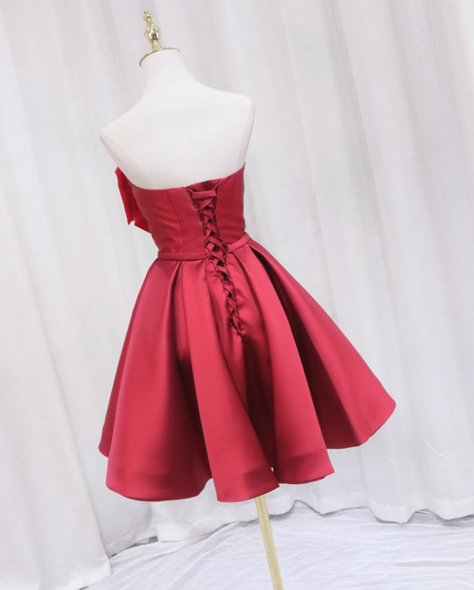 Splendid A-Line Strapless Birthday Dresses Bows Red Satin Pleated Homecoming Dress AP4648