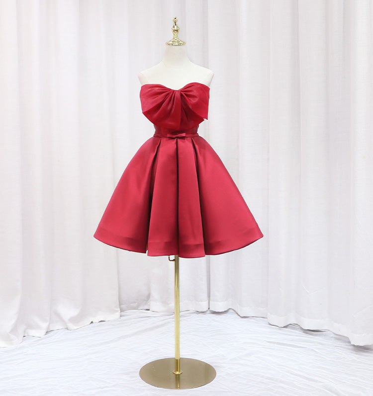 Splendid A-Line Strapless Birthday Dresses Bows Red Satin Pleated Homecoming Dress AP4648