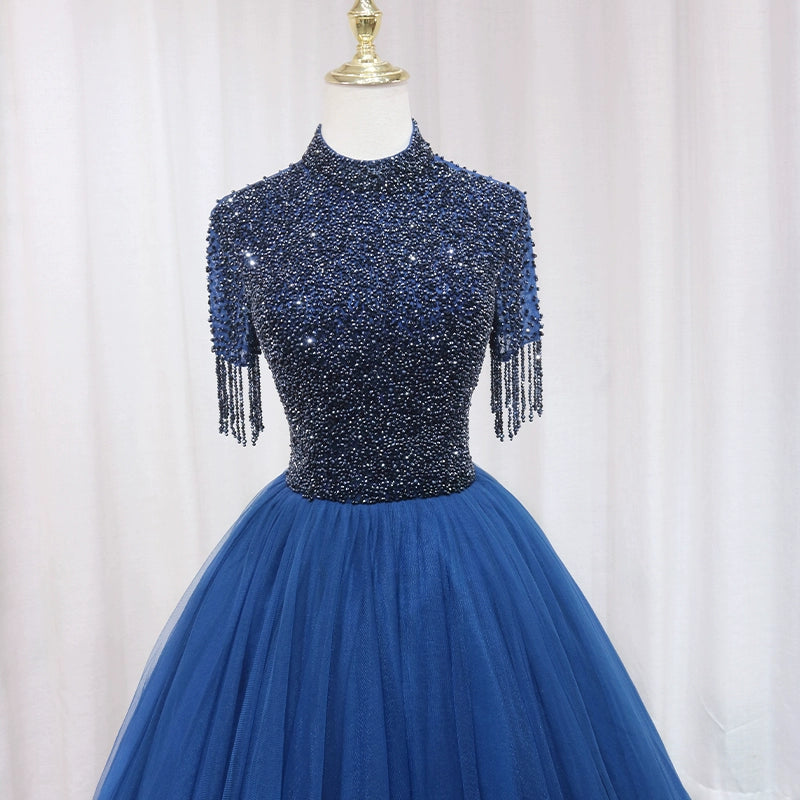 Enticing High Collar A-Line Backless Sweet 16th Evening Gowns Blue Tulle Short Sleeve Beading Tassel Sequins Prom Dress AP4649