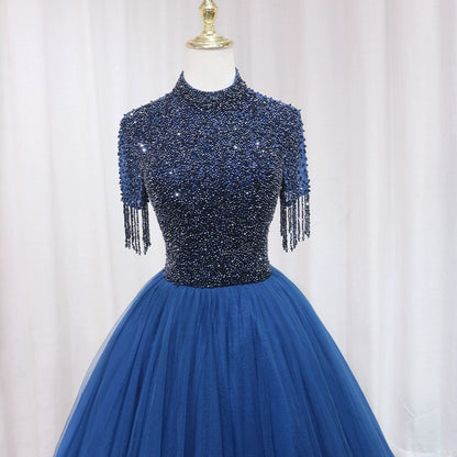 Enticing High Collar A-Line Backless Sweet 16th Evening Gowns Blue Tulle Short Sleeve Beading Tassel Sequins Prom Dress AP4649