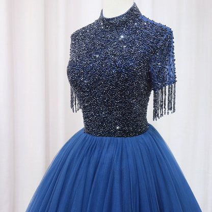 Enticing High Collar A-Line Backless Sweet 16th Evening Gowns Blue Tulle Short Sleeve Beading Tassel Sequins Prom Dress AP4649