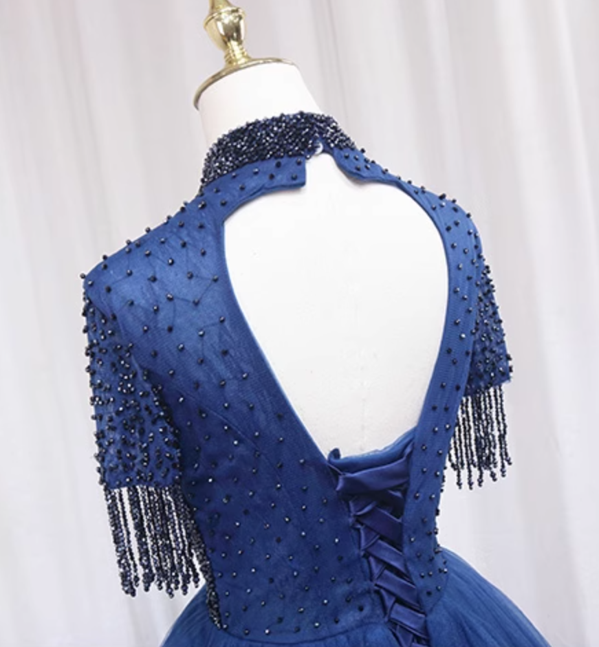 Enticing High Collar A-Line Backless Sweet 16th Evening Gowns Blue Tulle Short Sleeve Beading Tassel Sequins Prom Dress AP4649