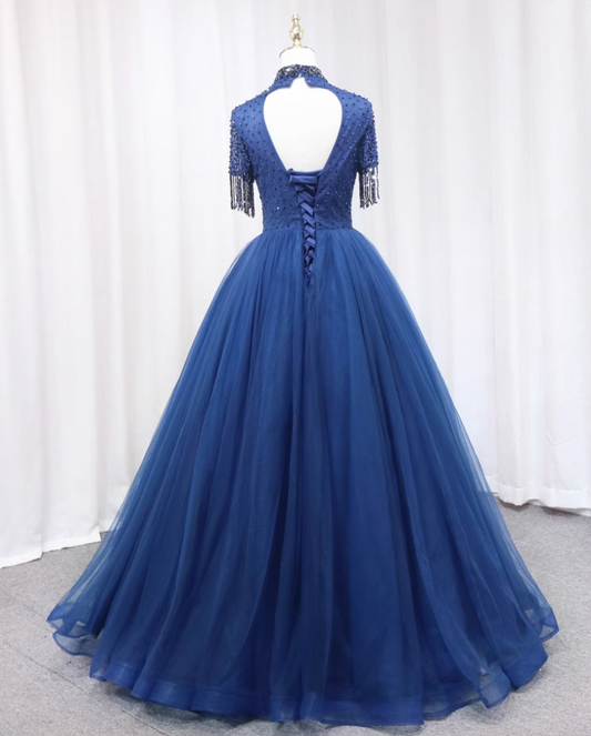 Enticing High Collar A-Line Backless Sweet 16th Evening Gowns Blue Tulle Short Sleeve Beading Tassel Sequins Prom Dress AP4649