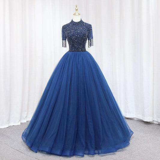 Enticing High Collar A-Line Backless Sweet 16th Evening Gowns Blue Tulle Short Sleeve Beading Tassel Sequins Prom Dress AP4649