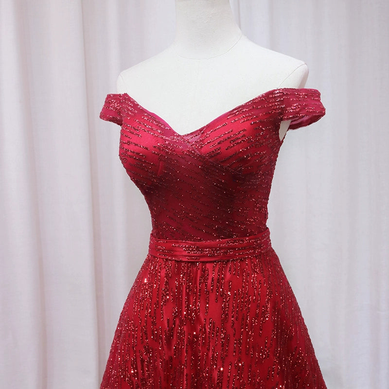 Shiny Off-Shoulder A-Line Sweet 16th Evening Gowns Sequins Tulle Red Prom Dress AP4650