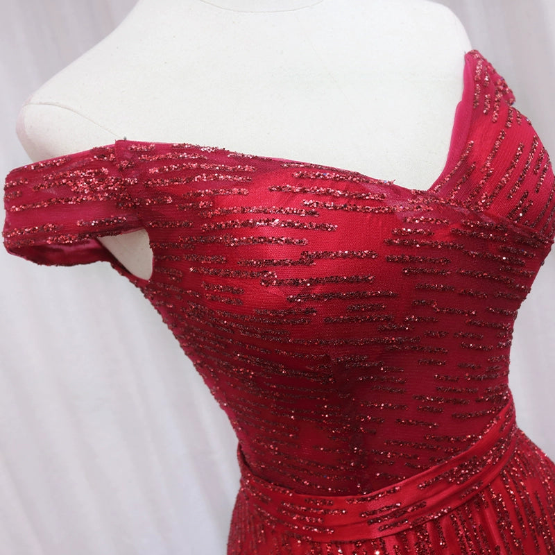 Shiny Off-Shoulder A-Line Sweet 16th Evening Gowns Sequins Tulle Red Prom Dress AP4650