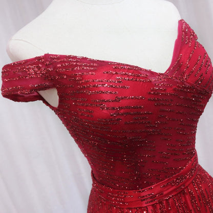 Shiny Off-Shoulder A-Line Sweet 16th Evening Gowns Sequins Tulle Red Prom Dress AP4650