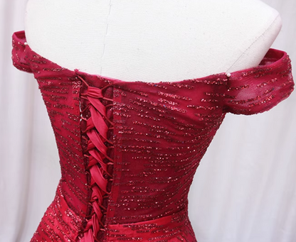 Shiny Off-Shoulder A-Line Sweet 16th Evening Gowns Sequins Tulle Red Prom Dress AP4650