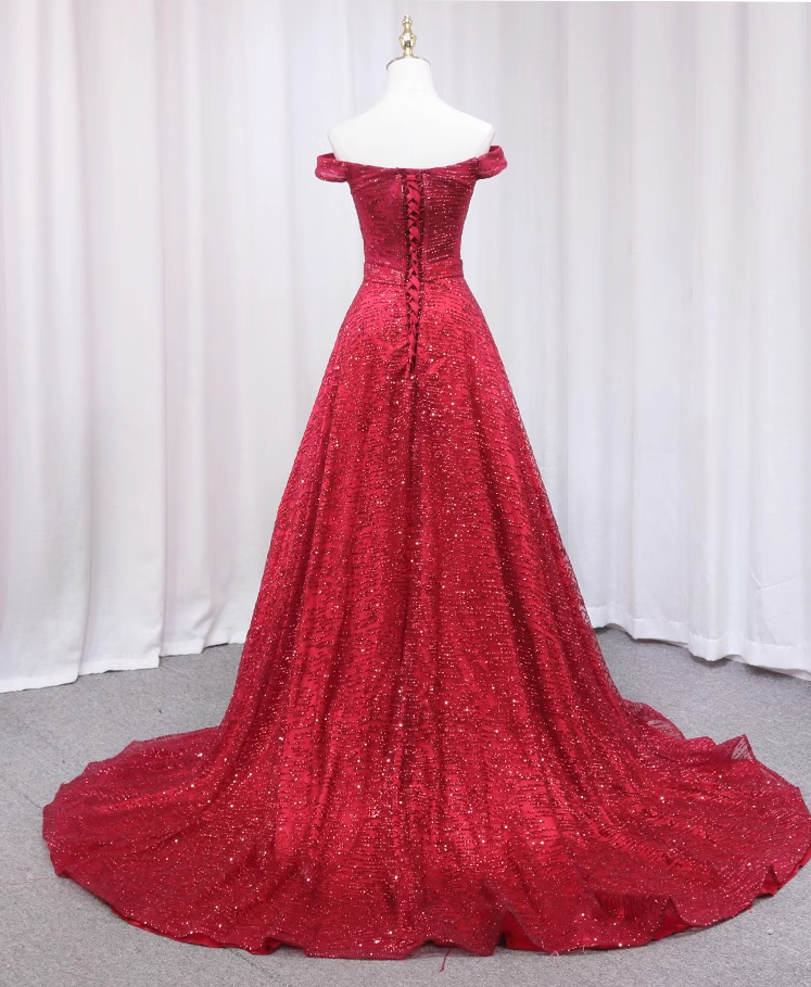 Shiny Off-Shoulder A-Line Sweet 16th Evening Gowns Sequins Tulle Red Prom Dress AP4650