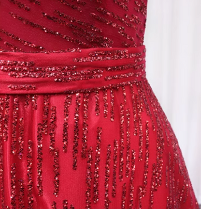 Shiny Off-Shoulder A-Line Sweet 16th Evening Gowns Sequins Tulle Red Prom Dress AP4650