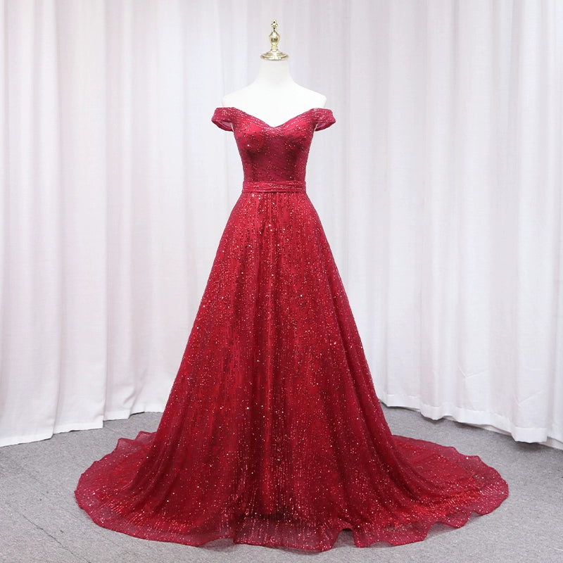 Shiny Off-Shoulder A-Line Sweet 16th Evening Gowns Sequins Tulle Red Prom Dress AP4650