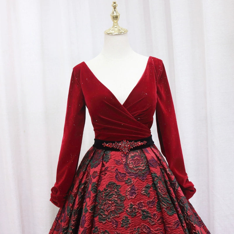 Avant-Garde A-Line V Neck Formal Gowns Long Sleeve Crystals Jacquard Floral Red Prom Dress AP4651