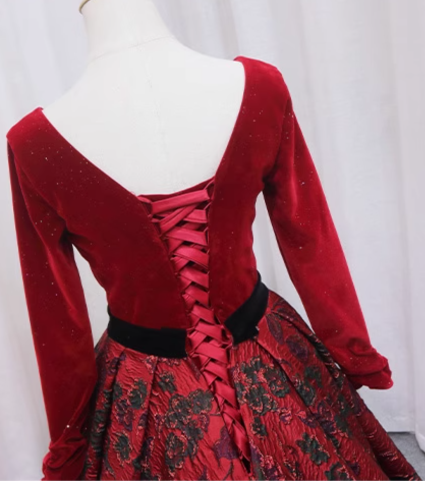 Avant-Garde A-Line V Neck Formal Gowns Long Sleeve Crystals Jacquard Floral Red Prom Dress AP4651