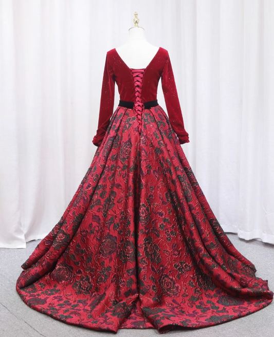 Avant-Garde A-Line V Neck Formal Gowns Long Sleeve Crystals Jacquard Floral Red Prom Dress AP4651