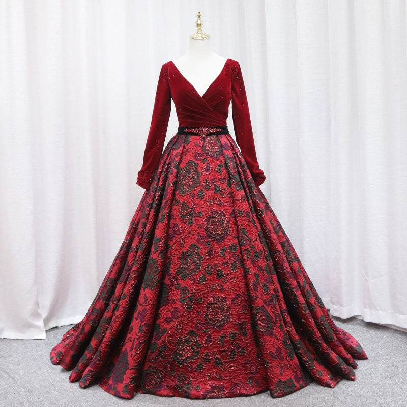 Avant-Garde A-Line V Neck Formal Gowns Long Sleeve Crystals Jacquard Floral Red Prom Dress AP4651