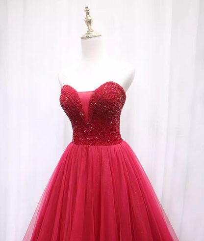 Eye-Catching A-Line Strapless Sweet 16th Dresses Sequins Red Tulle Prom Dress AP4652