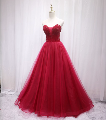 Eye-Catching A-Line Strapless Sweet 16th Dresses Sequins Red Tulle Prom Dress AP4652