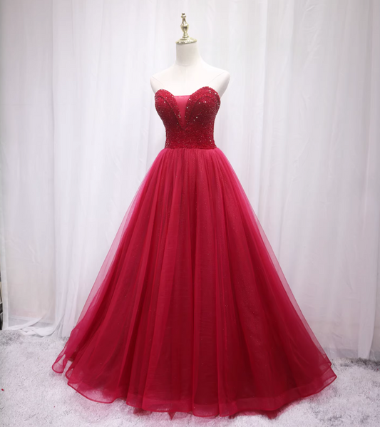 Eye-Catching A-Line Strapless Sweet 16th Dresses Sequins Red Tulle Prom Dress AP4652